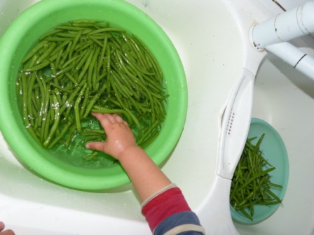 Montessori chez nounou assistante maternelle agréée Moingt Montbrison laver des haricots